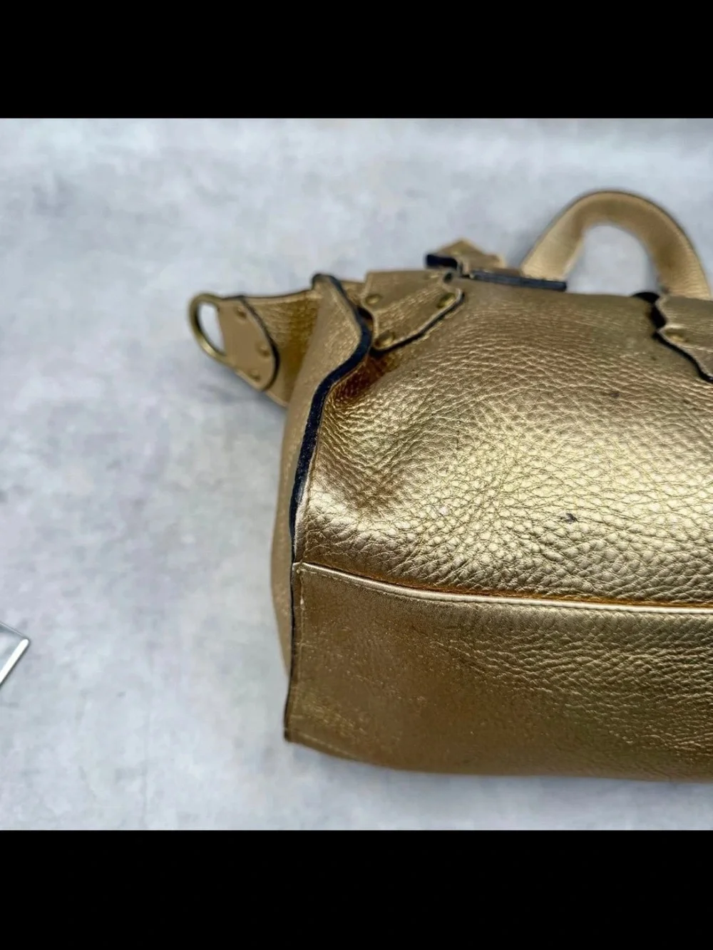 Mulberry Metallic Gold Leather Satchel with Buckle Pockets